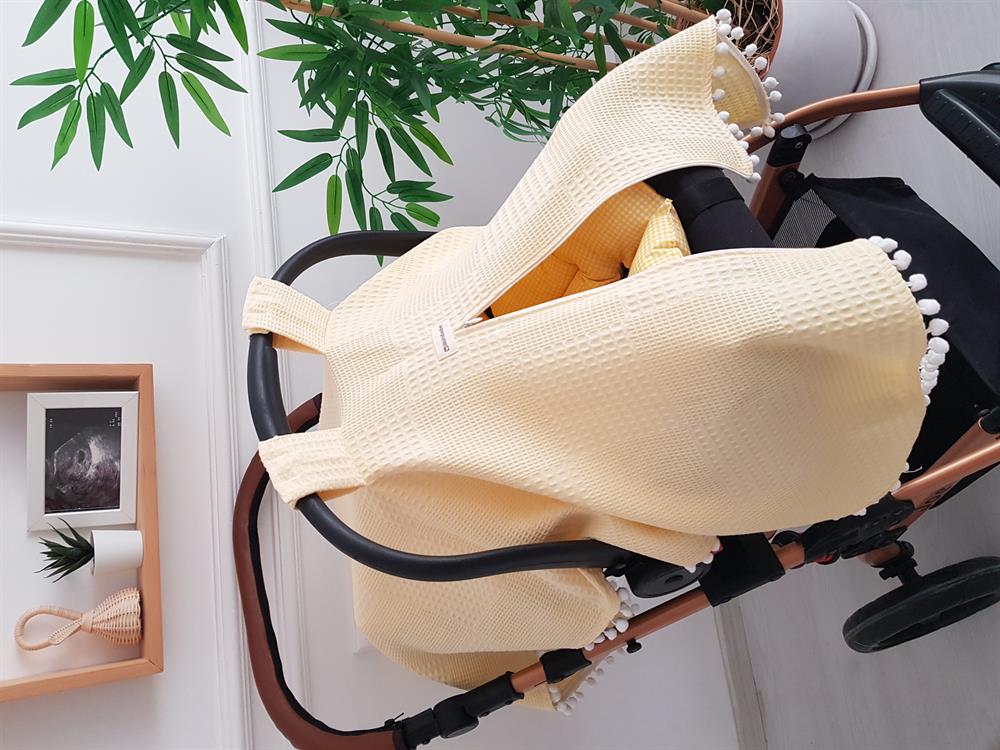 Ponponlu Pikeli Fermuarlı Bebek Puset Örtüsü ve Piti Kare Puset Minderi