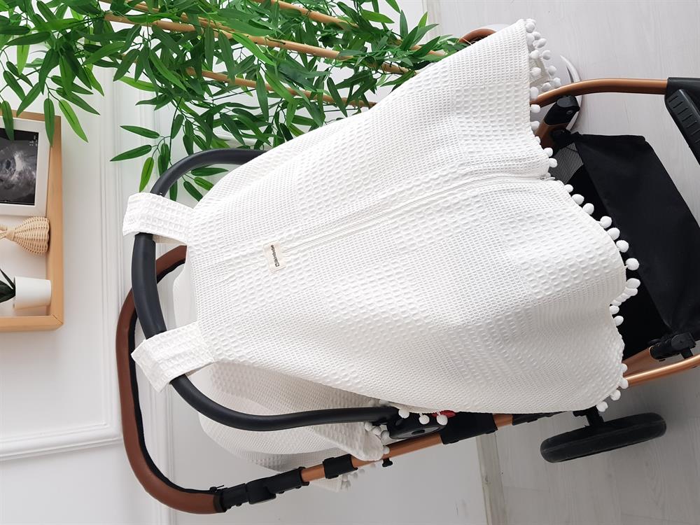 Ponponlu Pikeli Fermuarlı Bebek Puset Örtüsü ve Puanlı Puset Minderi