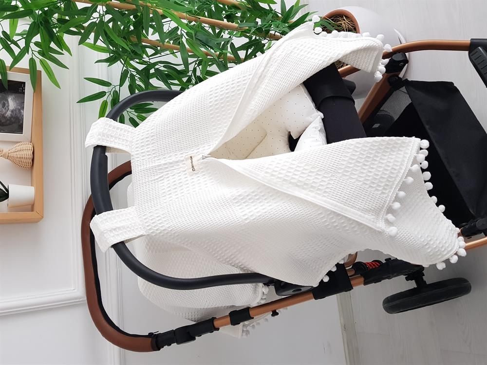 Ponponlu Pikeli Fermuarlı Bebek Puset Örtüsü ve Puanlı Puset Minderi