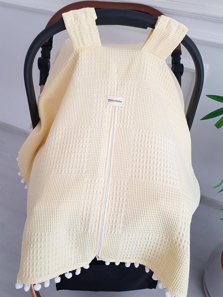 Ponponlu Pikeli Fermuarlı Bebek Puset Örtüsü ve Piti Kare Puset Minderi