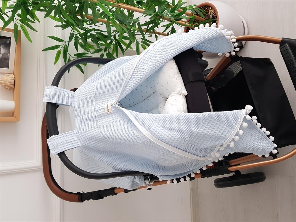 Ponponlu Pikeli Fermuarlı Bebek Puset Örtüsü ve Puanlı Puset Minderi