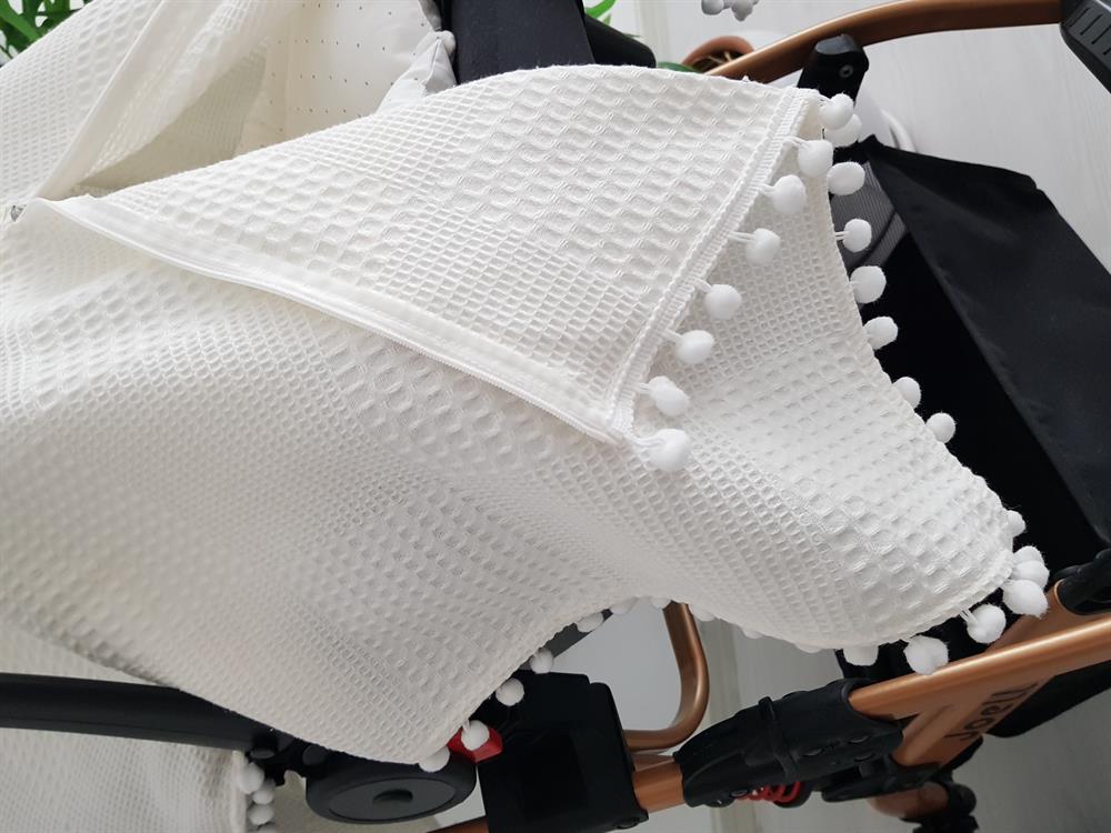 Ponponlu Pikeli Fermuarlı Bebek Puset Örtüsü ve Puanlı Puset Minderi