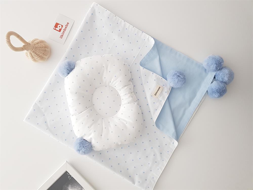 Puanlı Büyük Ponponlu Bebek Battaniyesi ve Yastık Seti 85x90