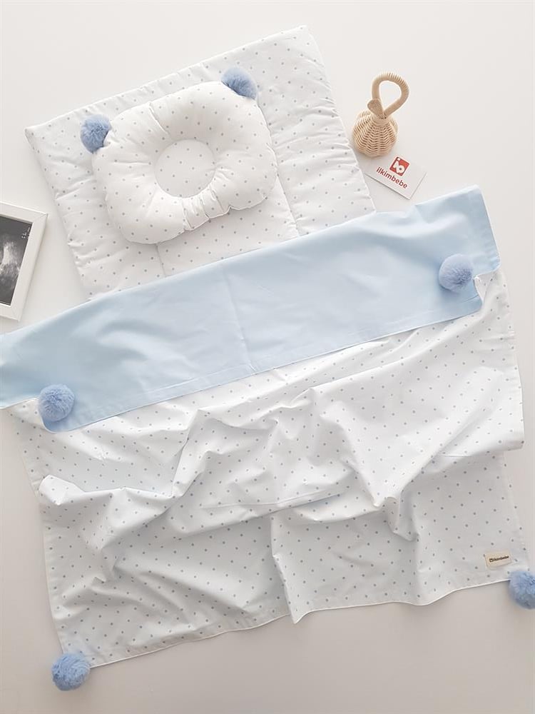 Puanlı Büyük Ponponlu Bebek Battaniyeli 3lü Alt Açma Seti