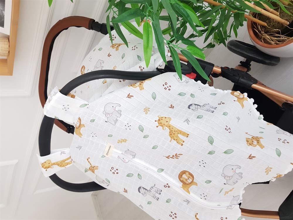 Safari Hayvanlar Ponponlu Fermuarlı Bebek Puset Örtüsü