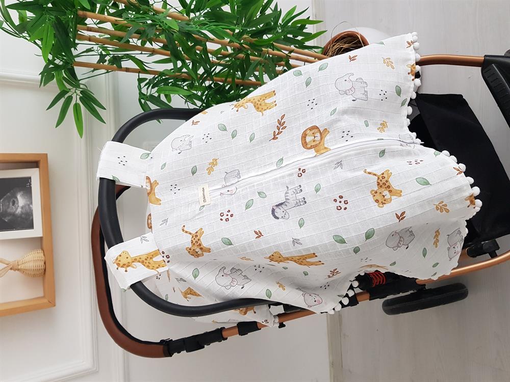 Safari Hayvanlar Ponponlu Fermuarlı Bebek Puset Örtüsü