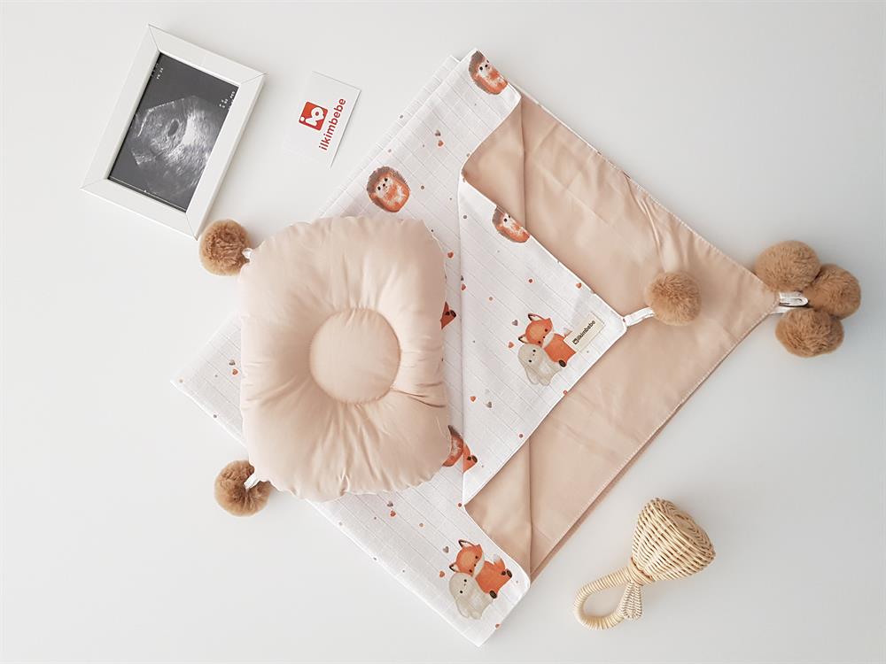 Tilki Tavşan Büyük Ponponlu Müslin Bebek Battaniyesi ve Yastık Seti 85x90