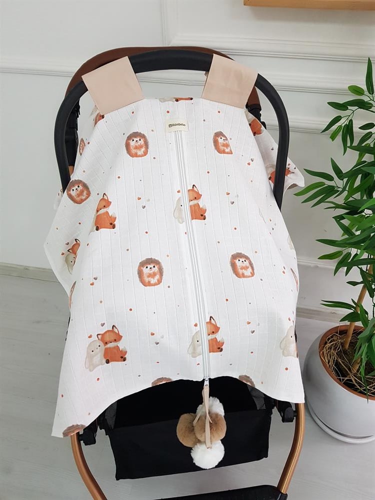 Tilkili Büyük Büyük Ponponlu Fermuarlı Bebek Puset Örtüsü ve Puset Minderi