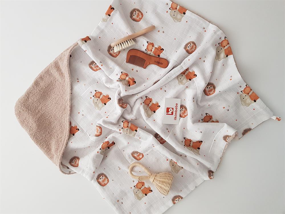 Tilkili Müslinli Çift Taraflı Kundak Bebek Havlusu 80x80 - Erkek Bebek