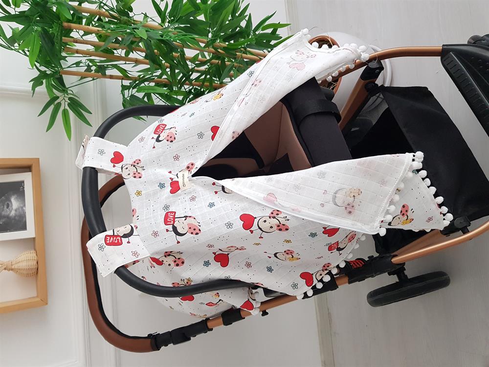 Uğurböceği Ponponlu Fermuarlı Bebek Puset Örtüsü