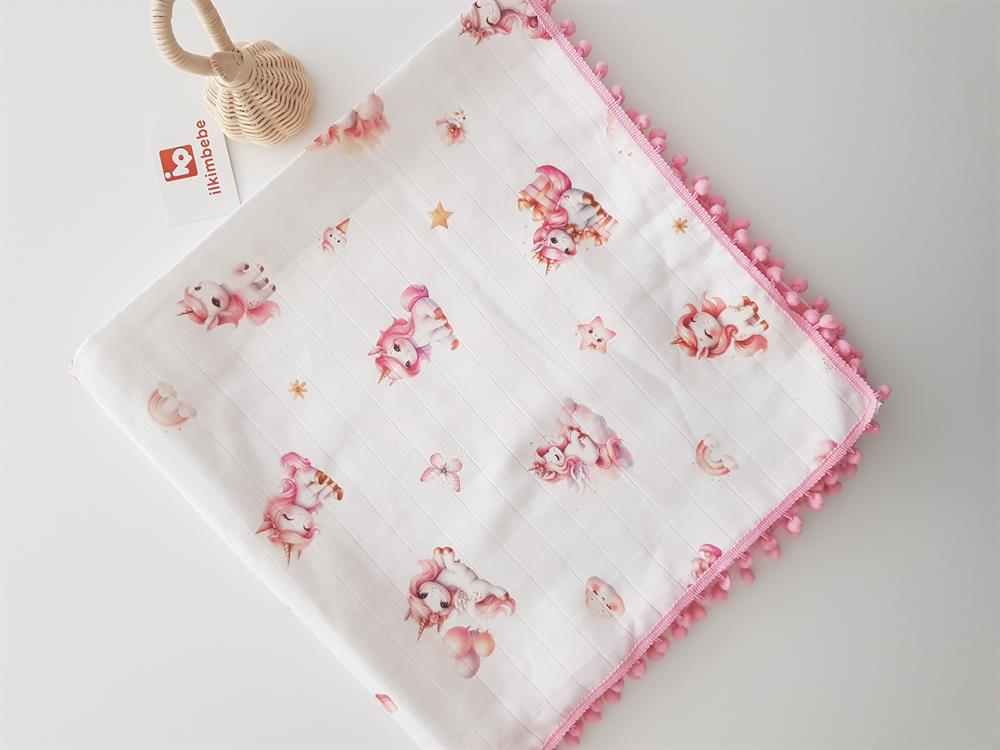 Unicorn Ponponlu Müslin Bebek Battaniyesi 85x90