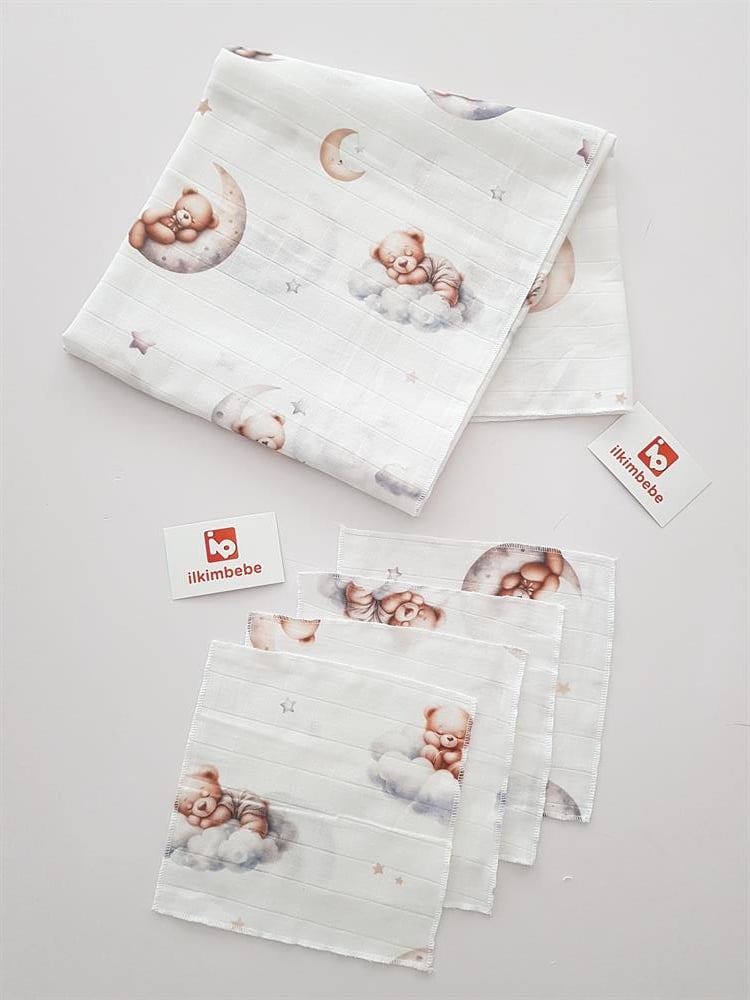 Uyuyan Ayı Müslin Bebek Battaniyesi Mendil Seti 85x90