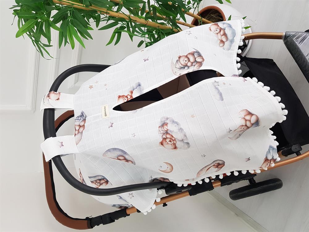 Uyuyan Ayı Ponponlu Bebek Puset Örtüsü