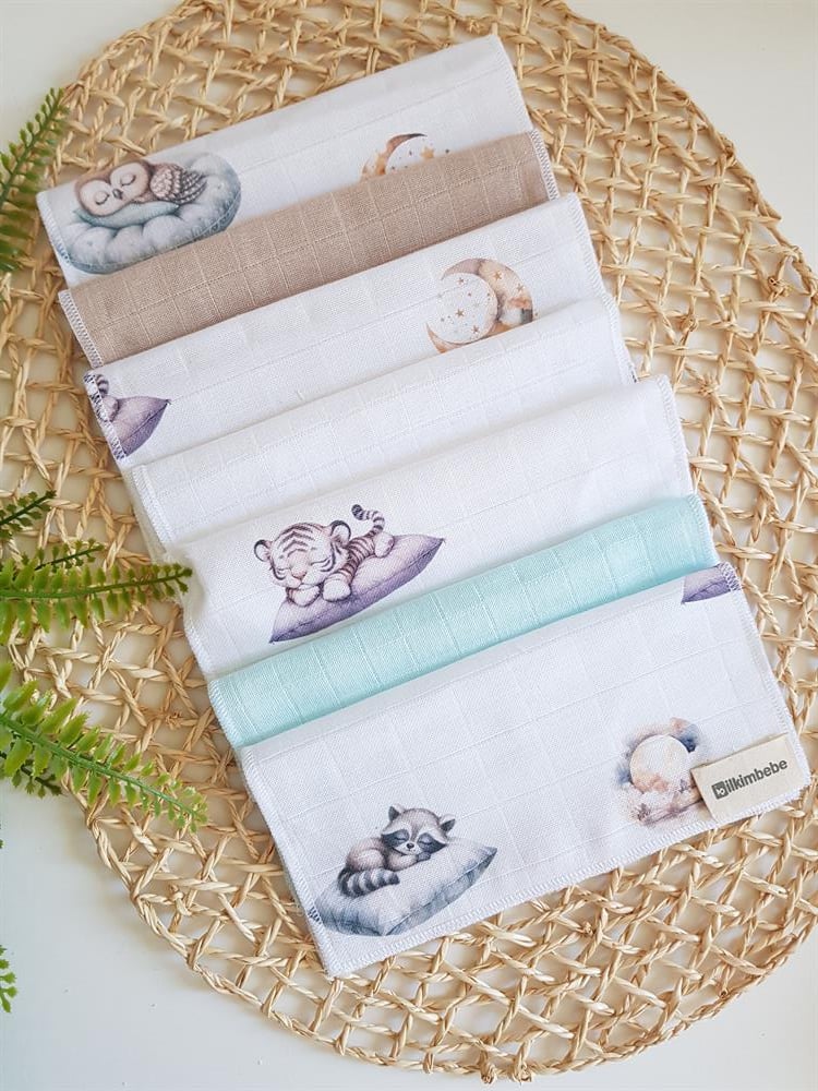 Uyuyan Hayvanlar 7li Müslin Bebek Ağız Silme Mendili