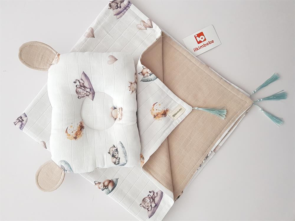 Uyuyan Hayvanlar Battaniye Müslin Bebek Battaniyesi ve Kulaklı Yastık