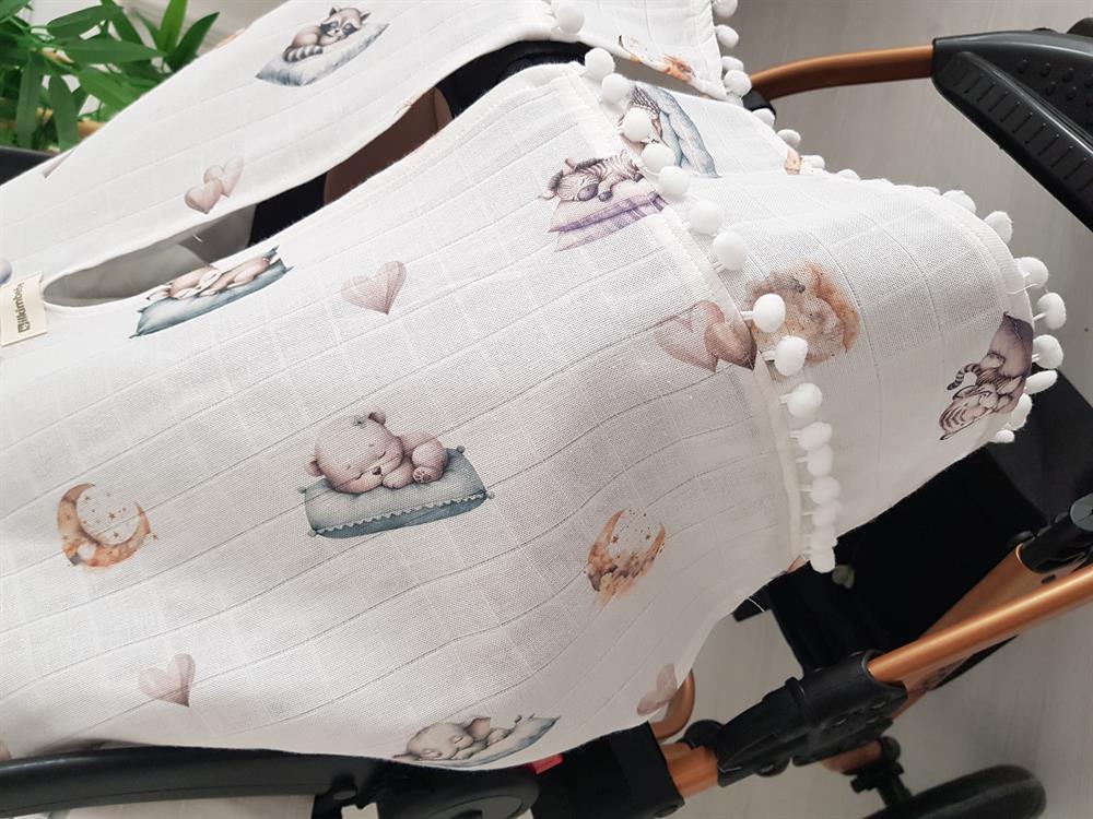 Uyuyan Hayvanlar Ponponlu Bebek Puset Örtüsü