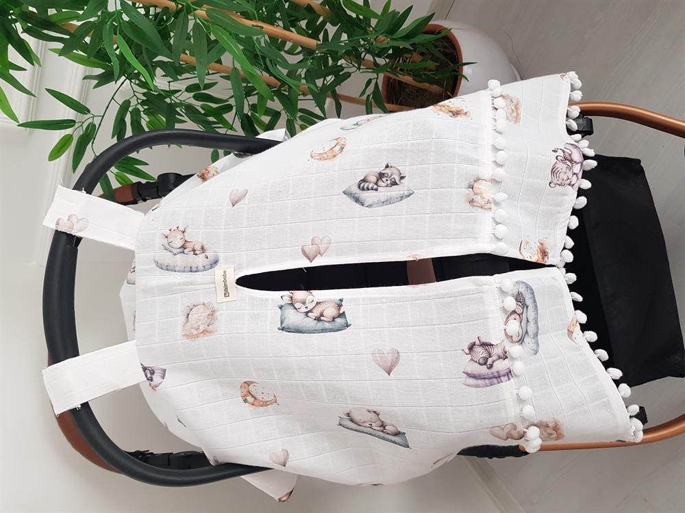 Uyuyan Hayvanlar Ponponlu Bebek Puset Örtüsü