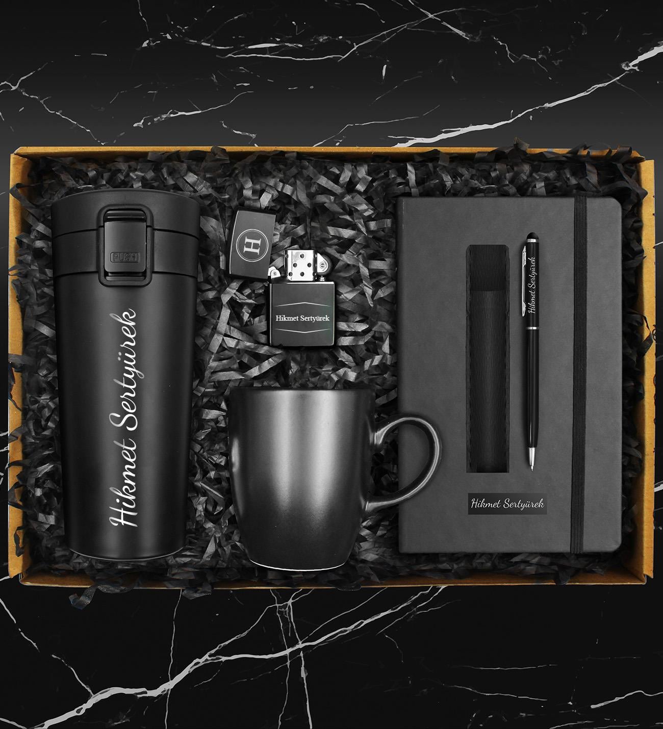  Kişiye Özel Termo Deri Defter & Siyah Kupa & 400 ML Çelik Termos & Deri Kılıflı Touch Pen Kalem & Zippo Model Benzinli Çakmak 