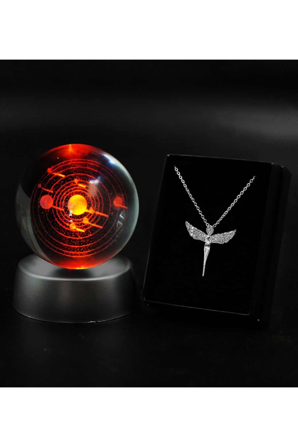 3d Samanyolu Galaksi Temalı Işıklı Kar Küresi  Gümüş Renk Kaplama Zirkon Taşlı Melek Kolye