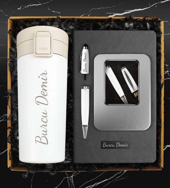 400 ML Çelik Beyaz Termos & 32 GB Kişiye Özel Kutulu Usb Kalem & Kişiye Özel Defter Hediye Seti
