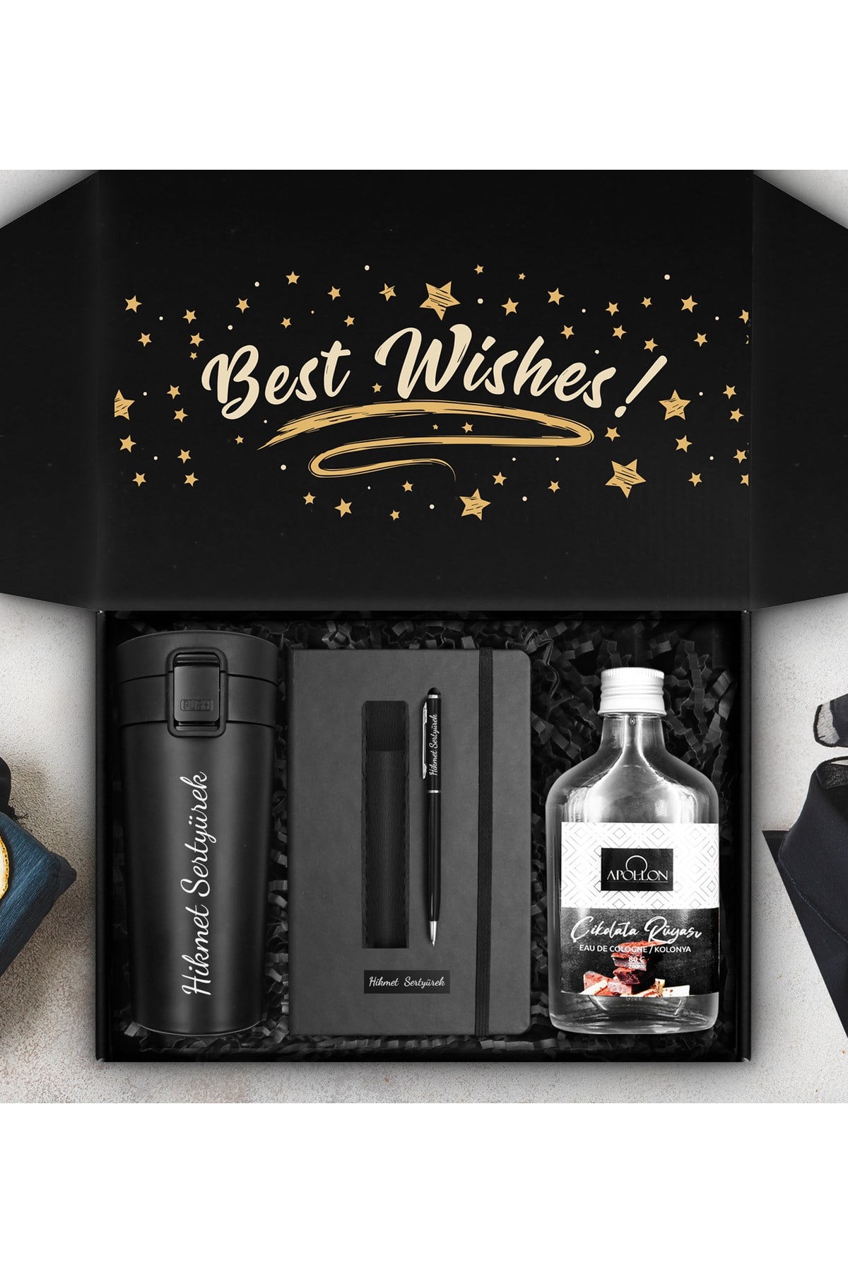 400 ML Çelik Termos & Kişiye Özel Defter & Deri Kılıflı Touch Pen Kalem & Kolonya Hediye Seti