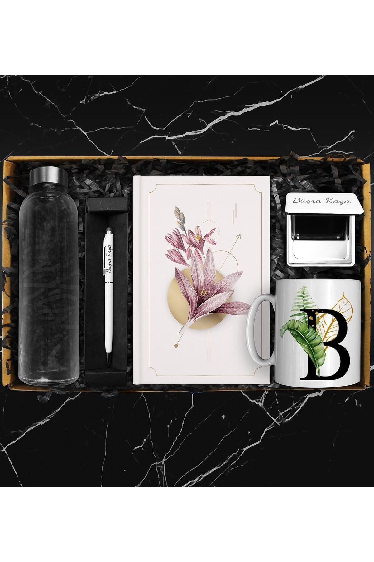 500 ML Cam Matara & Özel Tasarım Defter & Kişiye Özel Beyaz Ayna & Renkli Touch Pen Kalem & Kişiye Ö