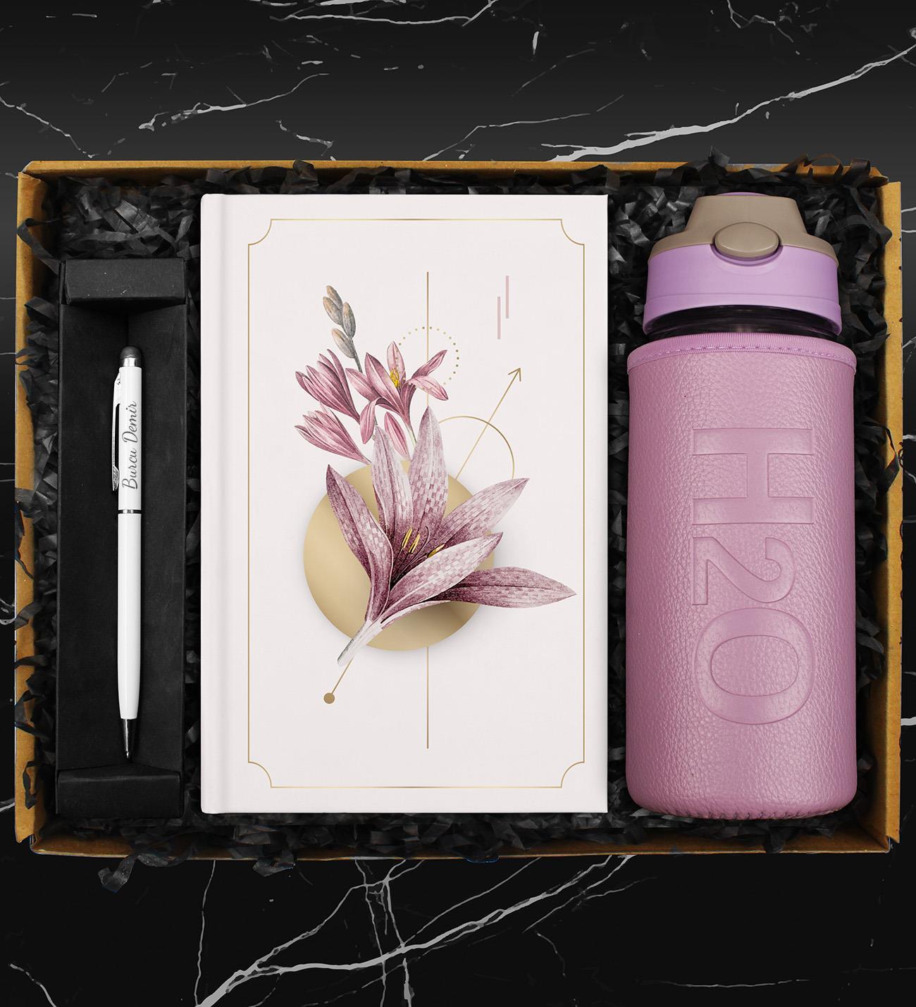 500 ML Deri Kılıflı Cam Matara & Tasarım Defter & Touch Pen Kalem Hediye Seti