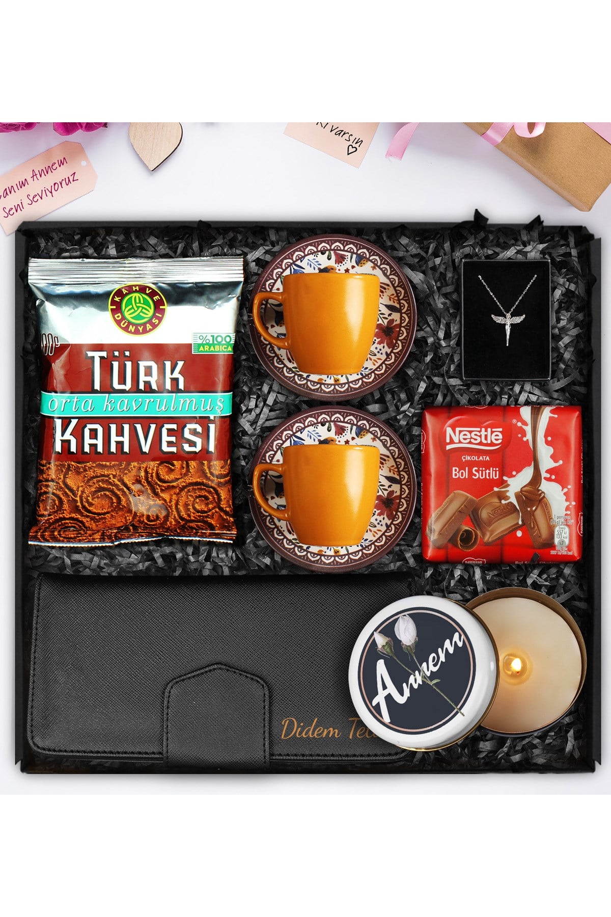 Anneler Gününe Özel Kişiye Özel Cüzdan & İkili Fincan & Çikolata & Tasarım Mum &Türk Kahvesi & Kolye