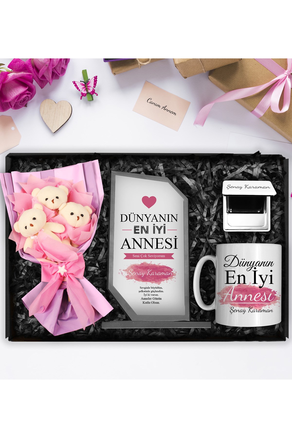 Anneler Gününe Özel Kişiye Özel Kristal Cam Plaket & Tasarım Kupa & Kişiye Özel Ayna & Üçlü Peluş Ayıcık Buketi