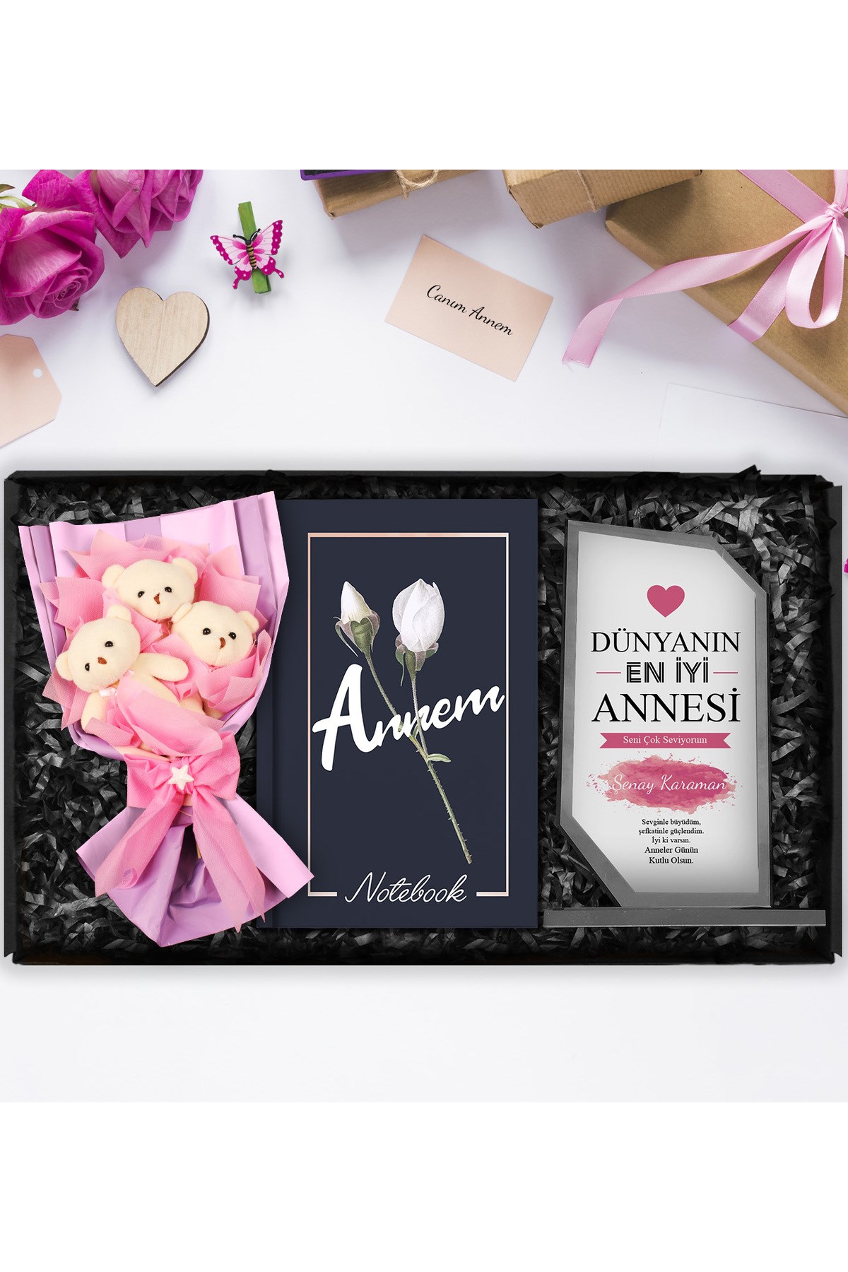 Anneler Gününe Özel Kişiye Özel Kristal Cam Plaket & Tasarım Defter & Üçlü Peluş Ayıcık Buketi Hediye Seti