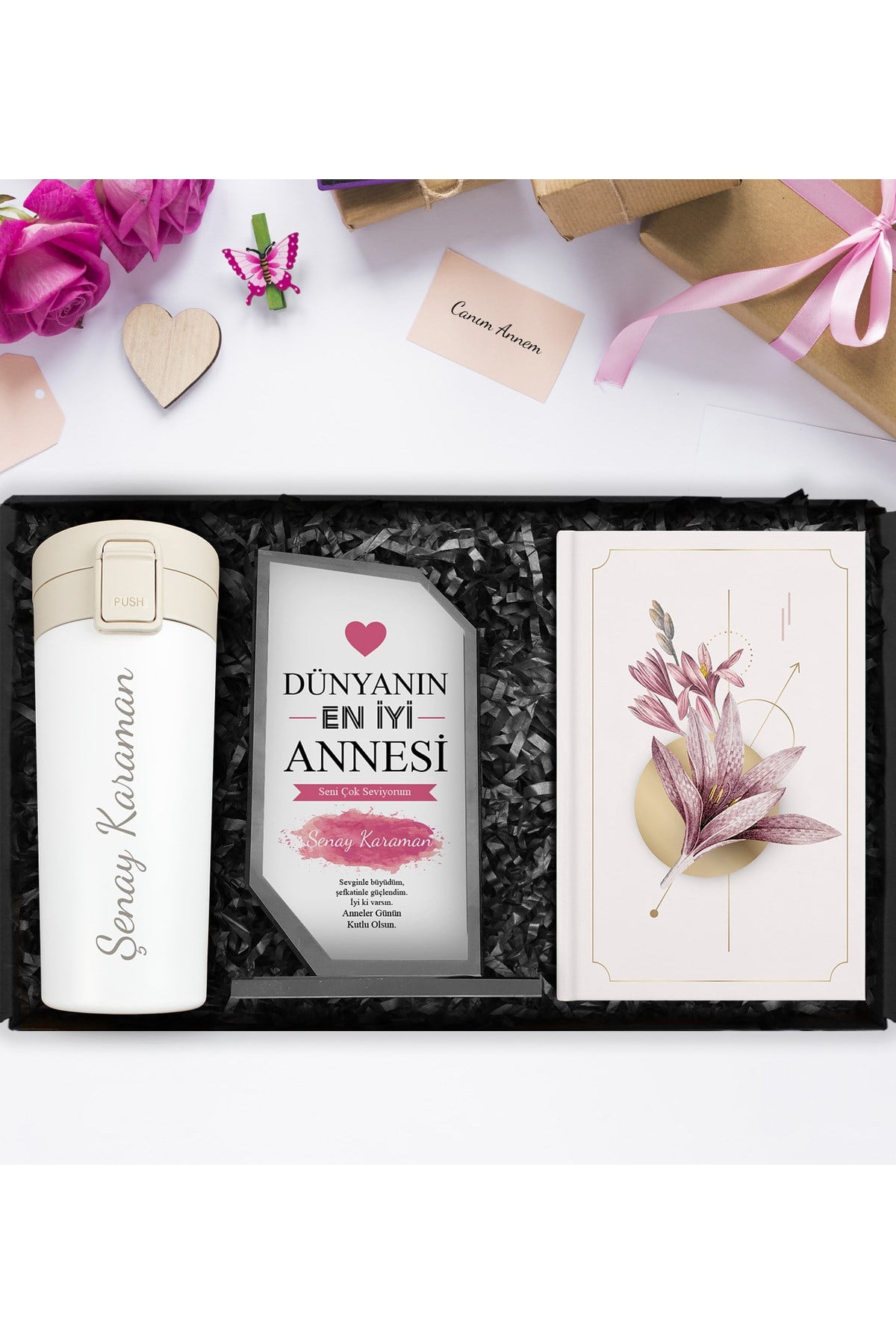 Anneler Gününe Özel Kişiye Özel Kristal Cam Plaket & Kişiye Özel Çelik Termos & Tasarım Defter