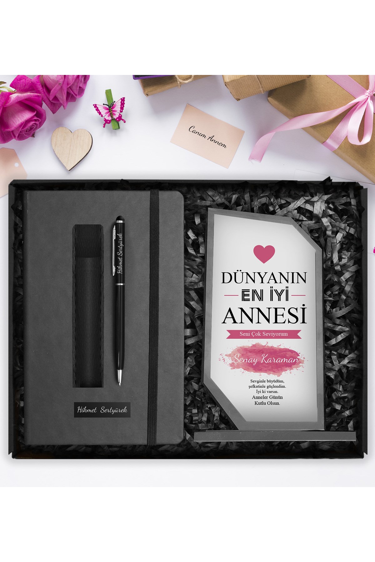 Anneler Gününe Özel Kişiye Özel Kristal Cam Plaket & Kişiye Özel Defter & Deri Kılıflı Touch Pen Kalem Hediye Seti