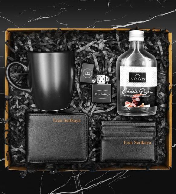 Apollon Çikolata Rüyası Kolonya & Siyah Kupa & Kişiye Özel Cüzdan & Zippo Model Çakmak & Kartvizitlik Hediye Seti