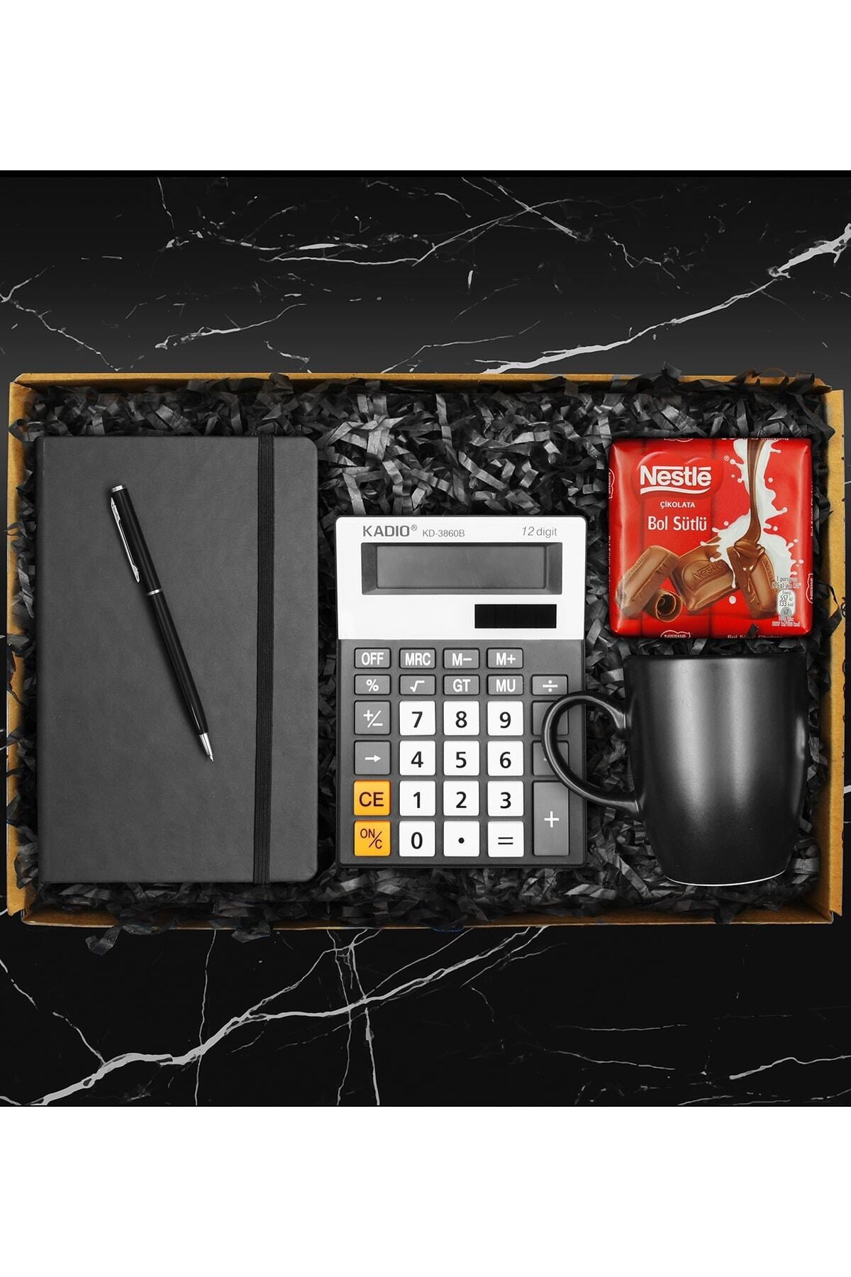 Babalar Gününe Özel Defter & Kalem & Hesap Makinesi & Siyah Kupa & Nestle Çikolata Hediye Seti