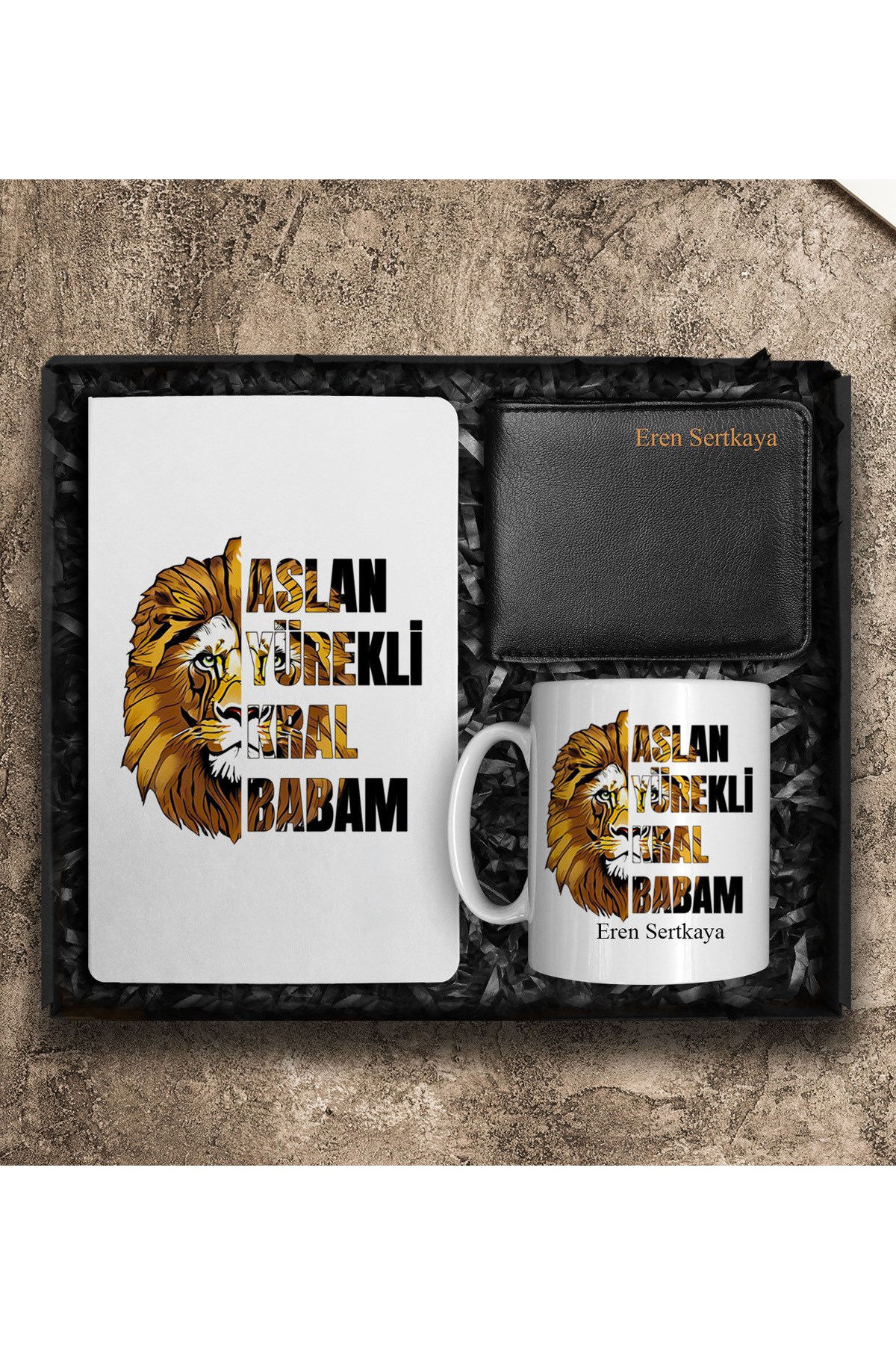 Babalar Gününe Özel Tasarım Defter & Kişiye Özel Kupa & Cüzdan Hediye Seti