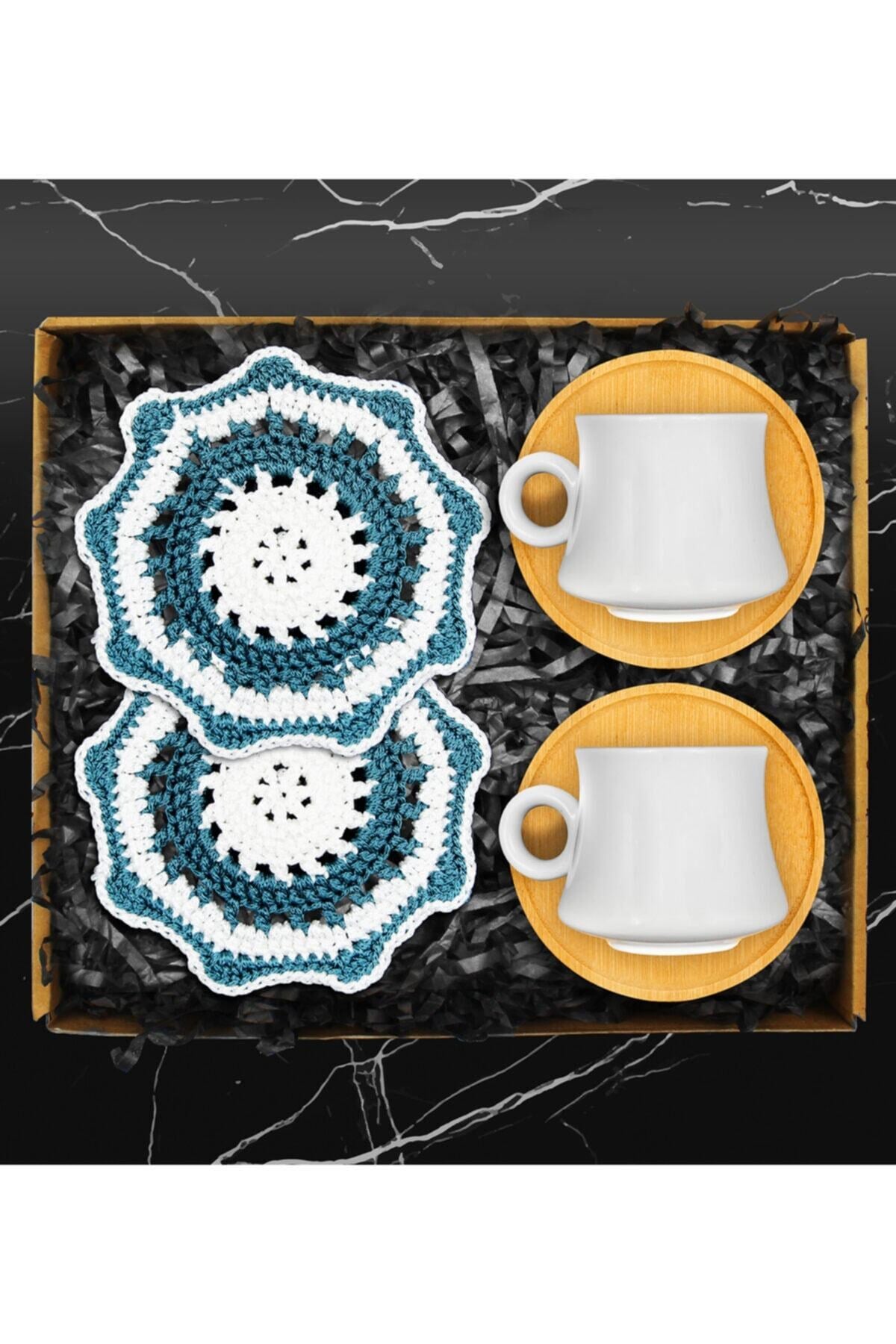 Ikili Bambu Tabaklı Porselen Fincan Takımı & Handmade Ikili Makrome Bardak Altlığı