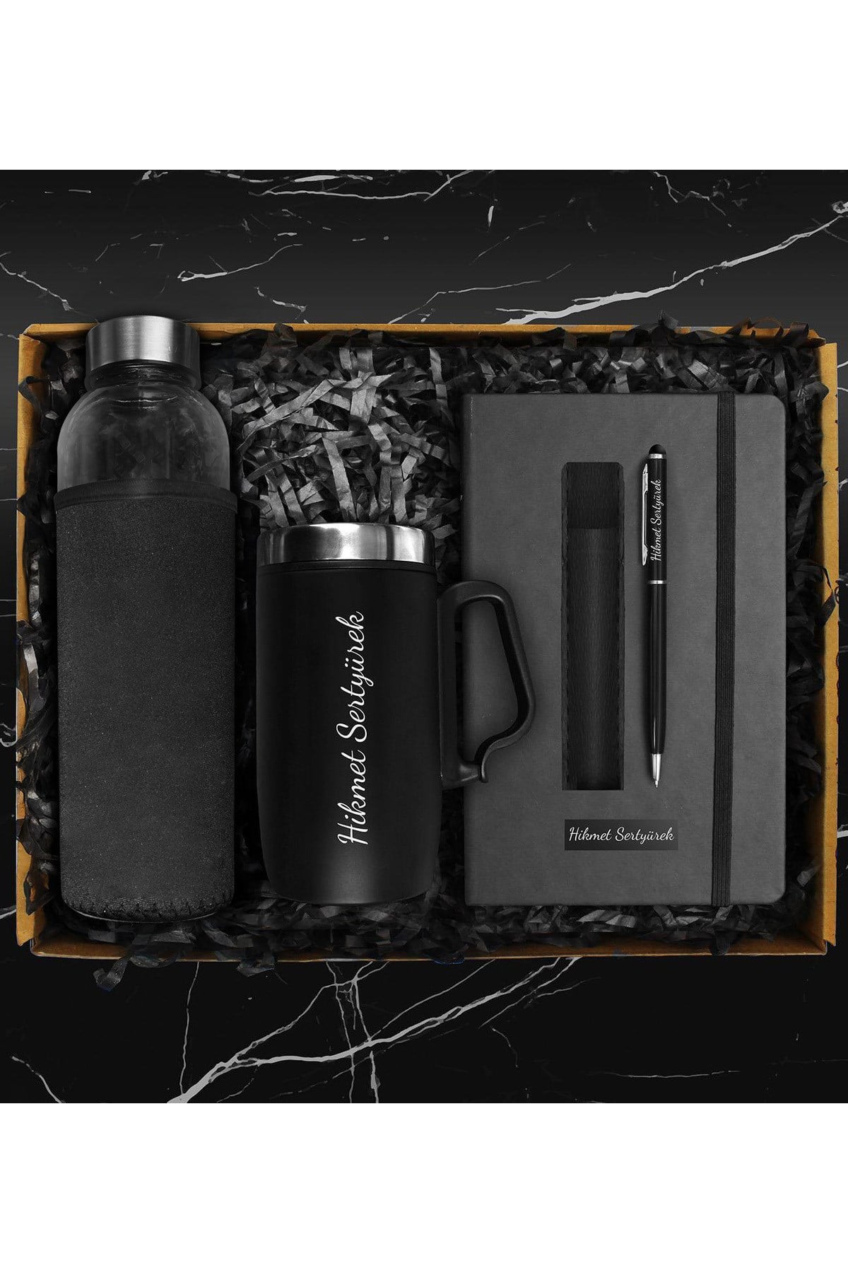 Kılıflı Matara & Kişiye Özel Çelik Bardak Termos & Defter & Deri Kılıflı Touch Pen Kalem Hediye Seti