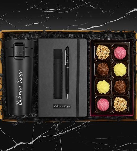 Kişiye Özel 400 ML Çelik Termos & Truff Çikolata Seti & Kişiye Özel Defter & Kişiye Özel Deri Kılıflı Touch Pen Kalem Hediye Seti