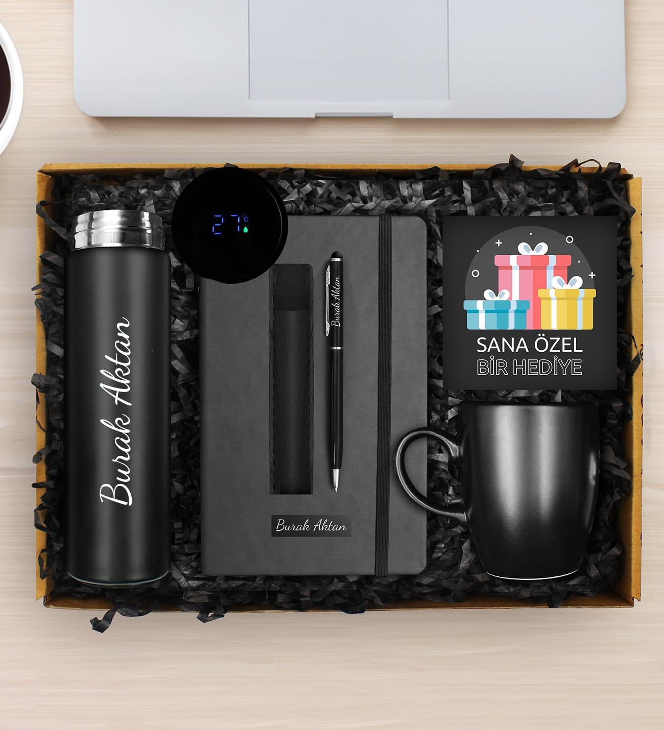 Kişiye Özel 500 ML Dereceli Termos & Kişiye Özel Defter & Deri Kılıflı Touch Pen Kalem & Siyah Kupa Hediye Seti
