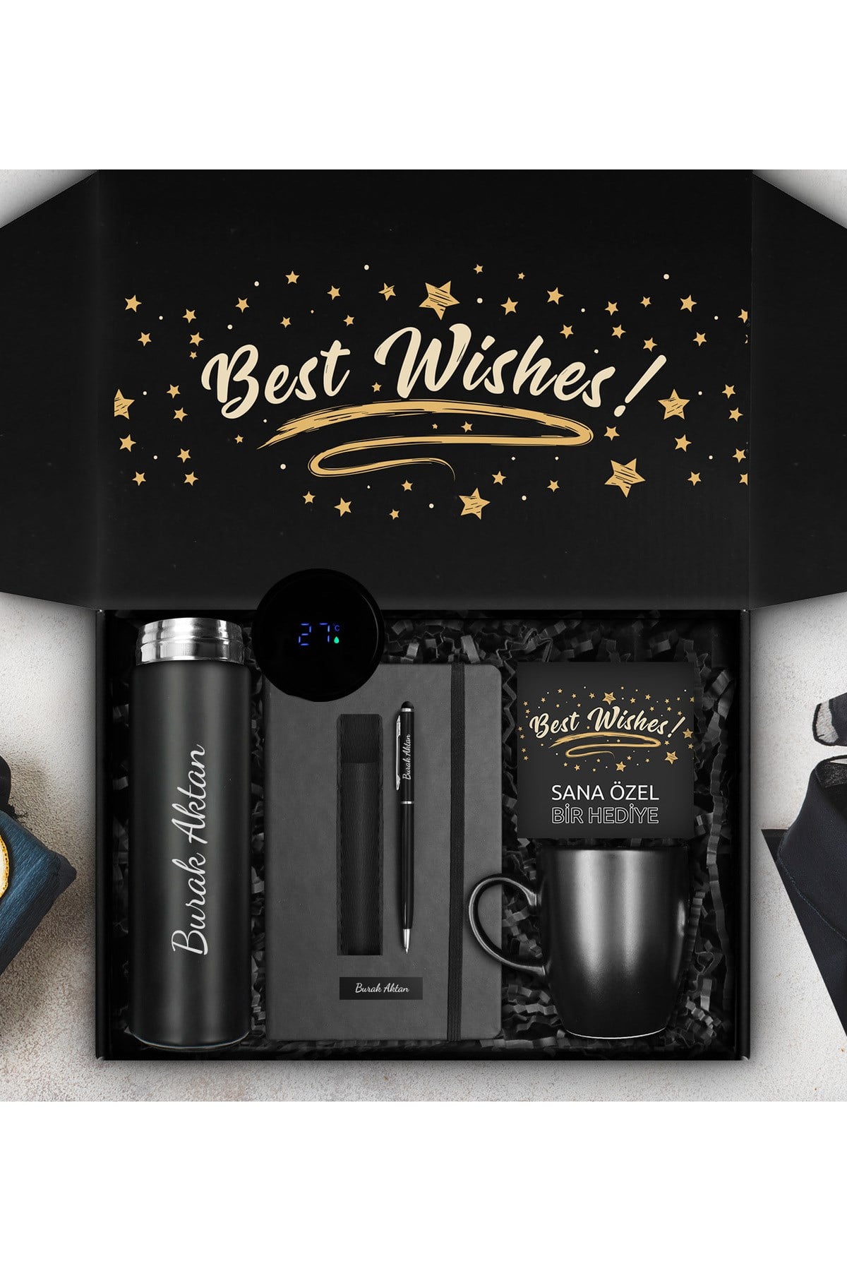 Kişiye Özel 500 ML Dereceli Termos & Kişiye Özel Defter & Deri Kılıflı Touch Pen Kalem & Siyah Kupa