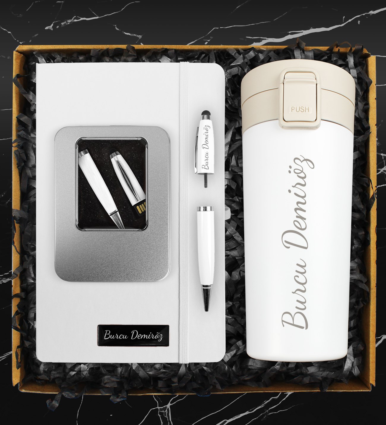 Kişiye Özel Beyaz Çelik Termos & Beyaz Defter & 32 GB Kişiye Özel Kutulu Usb Kalem Hediye Seti