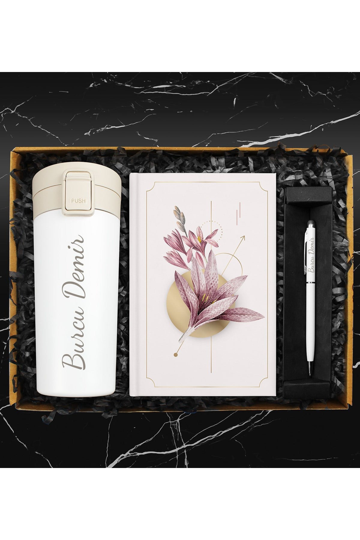Kişiye Özel Beyaz Çelik Termos & Özel Tasarım Defter & Touch Pen Kalem Hediye Seti