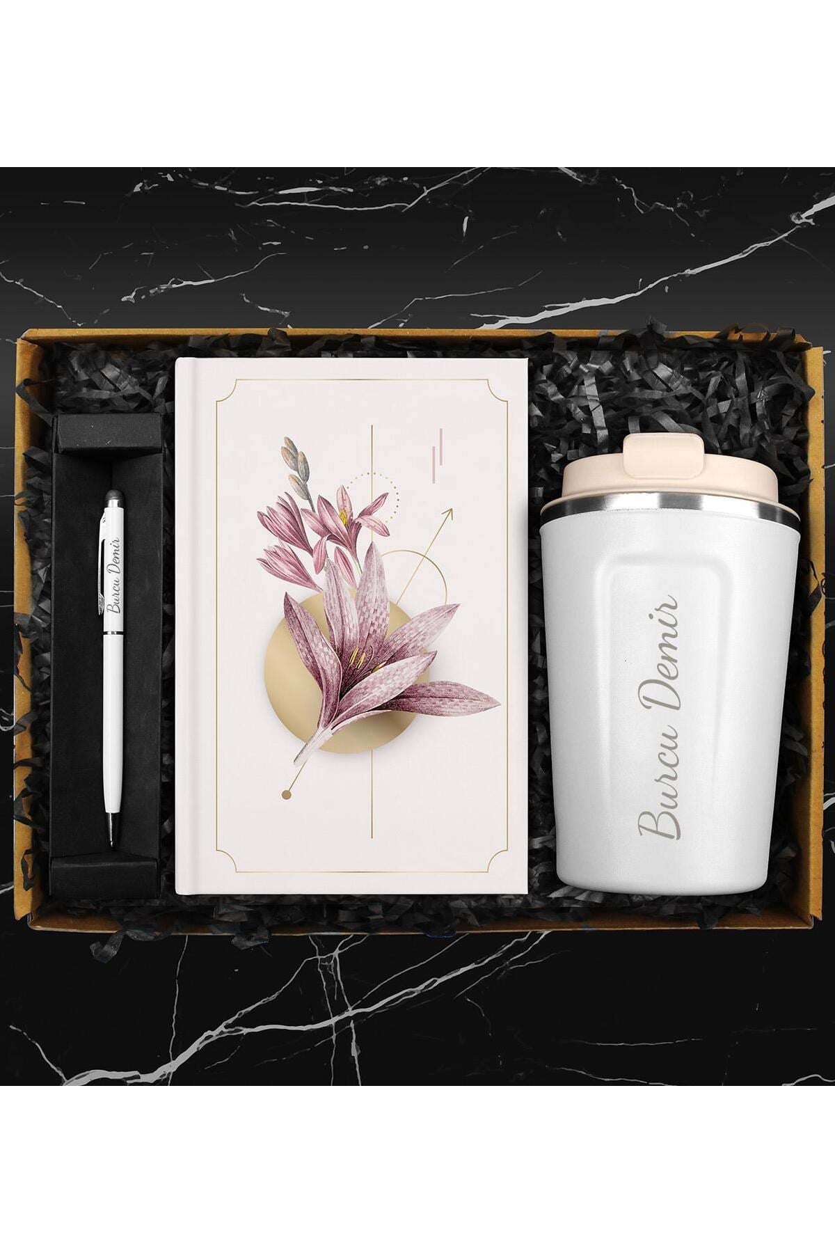 Kişiye Özel Çelik Bardak Termos & Tasarım Defter & Touch Pen Kalem Hediye Seti