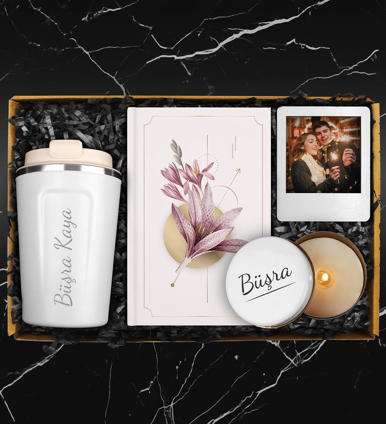 Kişiye Özel Çelik Bardak Termos & Tasarım Defter & Mum & Fotoğraf Çerçevesi Hediye Seti