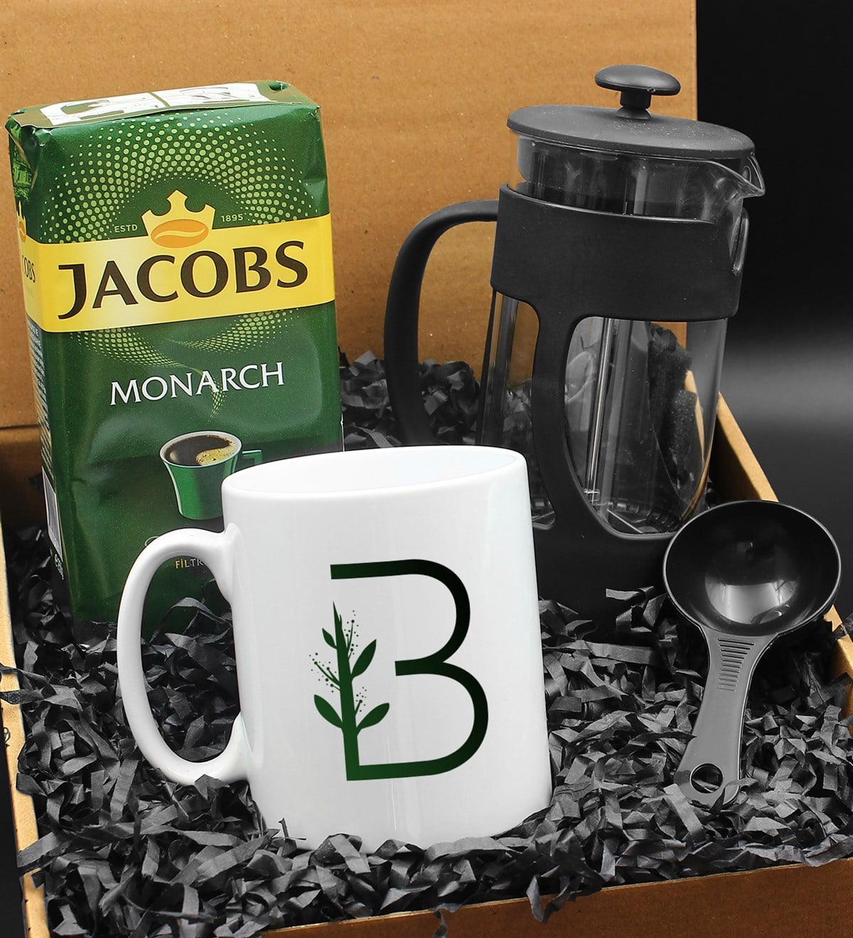 Kişiye Özel Harf Detaylı Kupa & French Press & 250 Gram Jacobs Monarch Filtre Kahve Hediye Seti