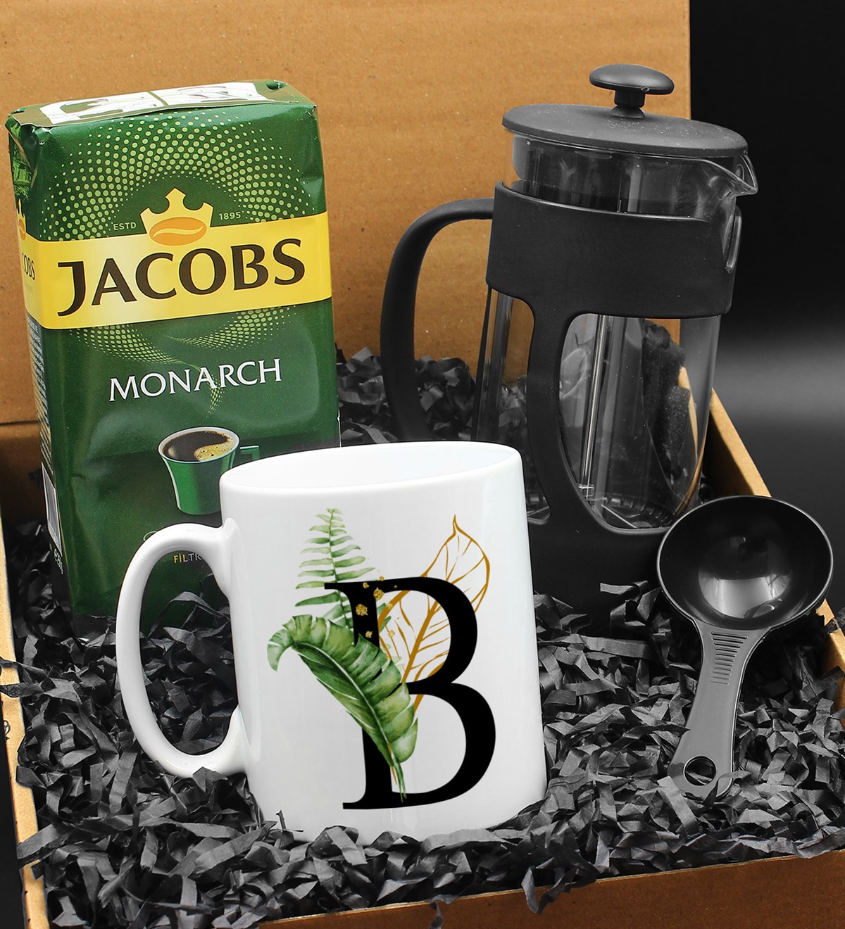 Kişiye Özel Harf Tasarımlı Kupa & French Press & 250 Gram Jacobs Monarch Filtre Kahve Hediye Seti 