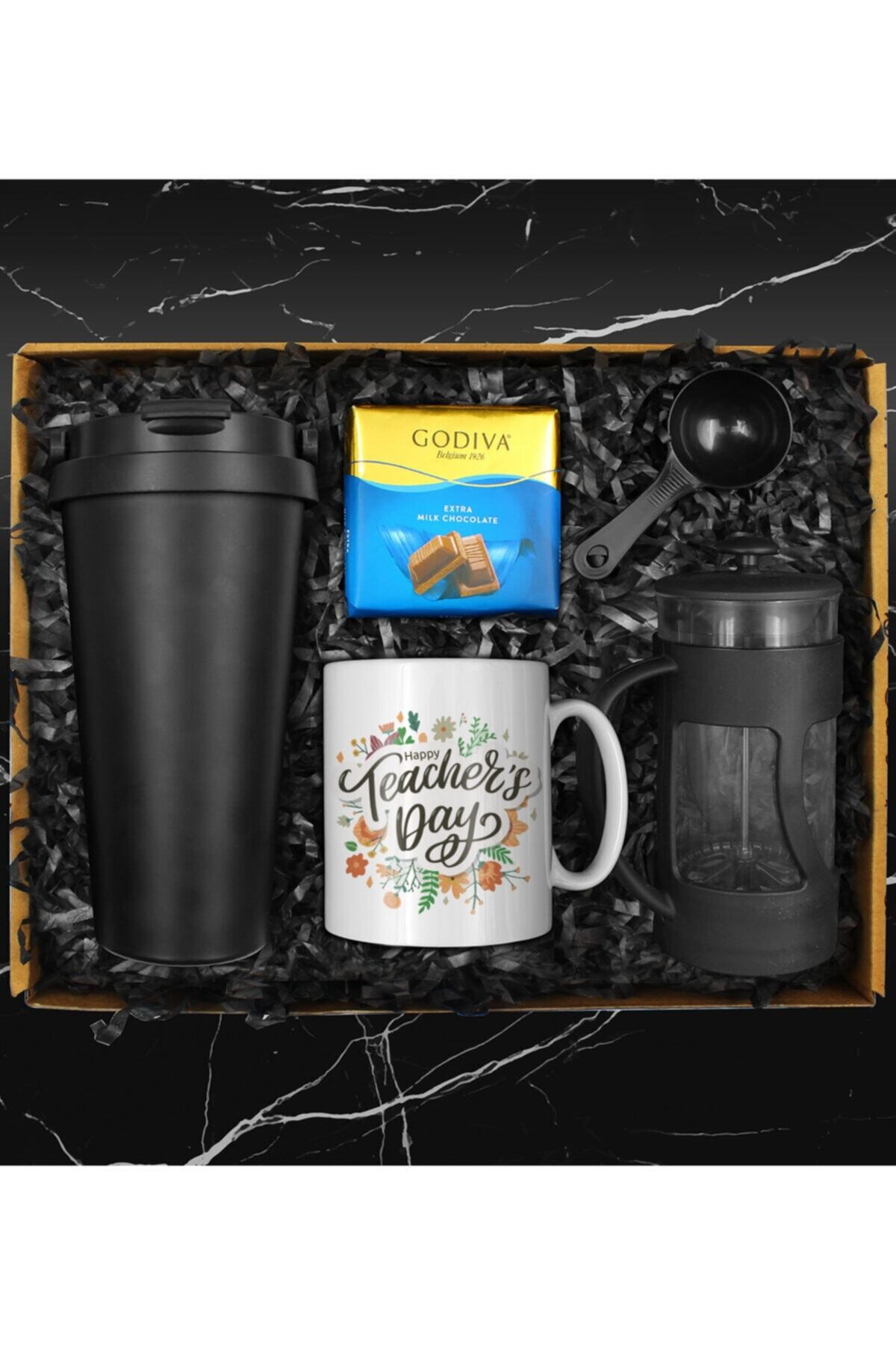 Öğretmenler Gününe Özel 500 Ml Çelik Termos & Tasarım Kupa & French Press & Godiva Çikolata