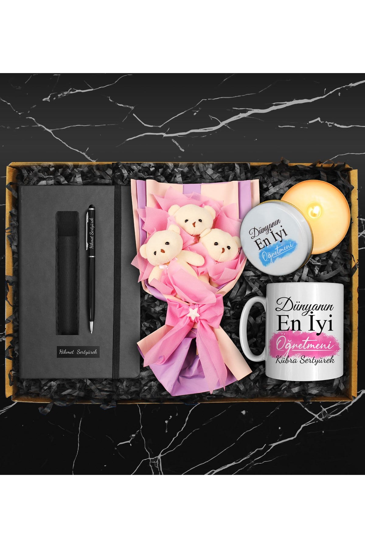 Öğretmenler Gününe Özel Kupa & Ayıcık Buketi & Defter & Deri Kılıf Touch Pen Kalem & Mum Seti