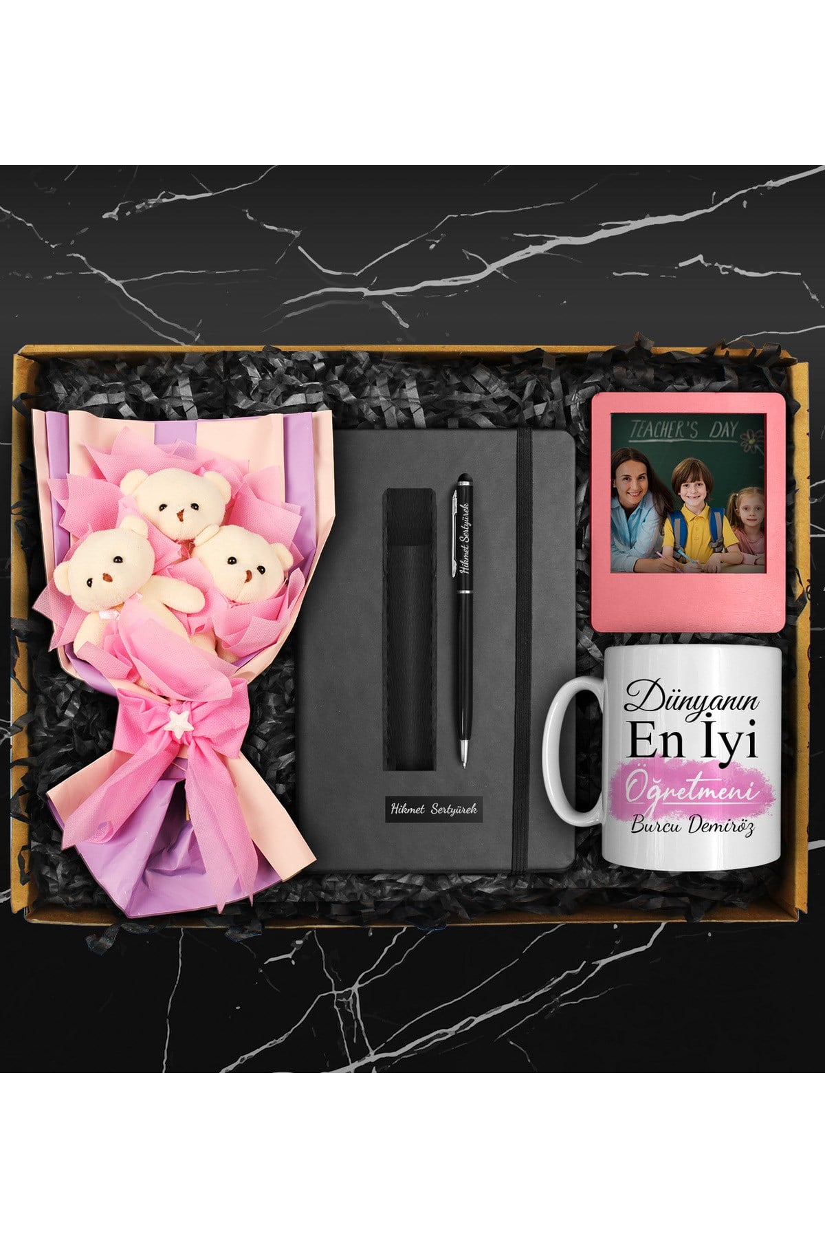 Öğretmenler Gününe Özel Kupa & Ayıcık Buketi & Defter & Touch Pen Kalem & Fotoğraf Çerçevesi