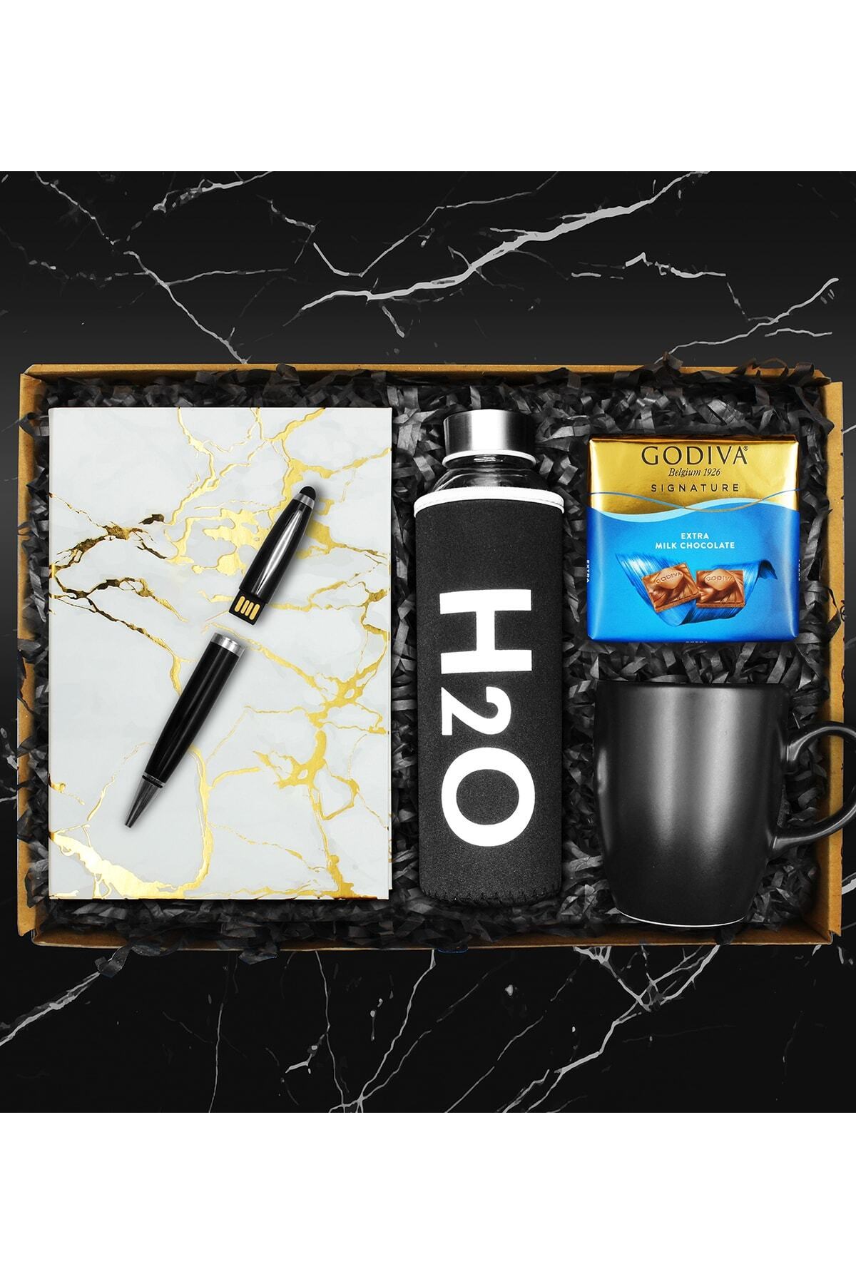 Özel Kılıflı Cam Şişe Matara & Mermer Desen Beyaz Defter & 32 Gb Usb Kalem & Çikolata & Siyah Kupa